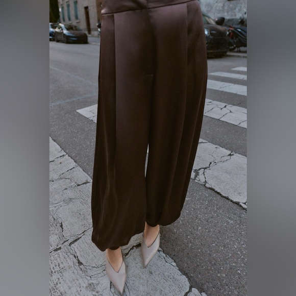Zara SATIN BROWN BALLOON PANTS XL NWT - Picture 3 of 16